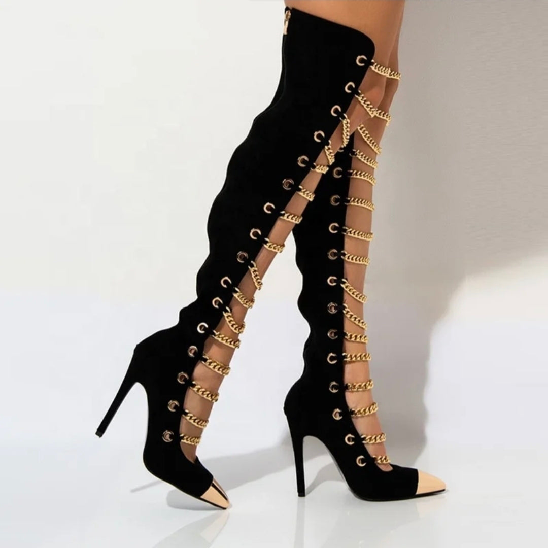 💎 Golden Chains Gladiator Stiletto Boots – Noir Edition