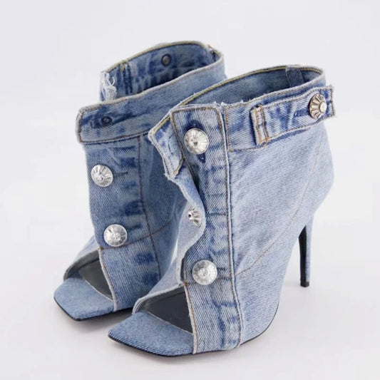 Denim Couture Open-Toe Booties | Jacket-Style Denim Stiletto Boots – Shoes Gloriosa