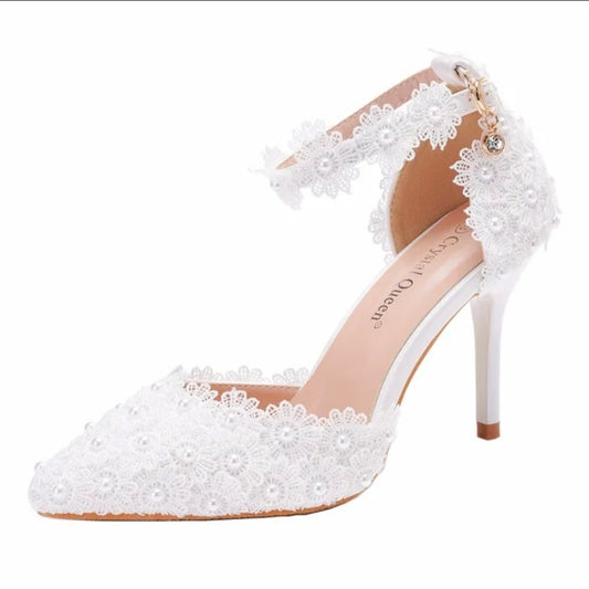 Lace Blossom Pearl-Heel Stilettos
