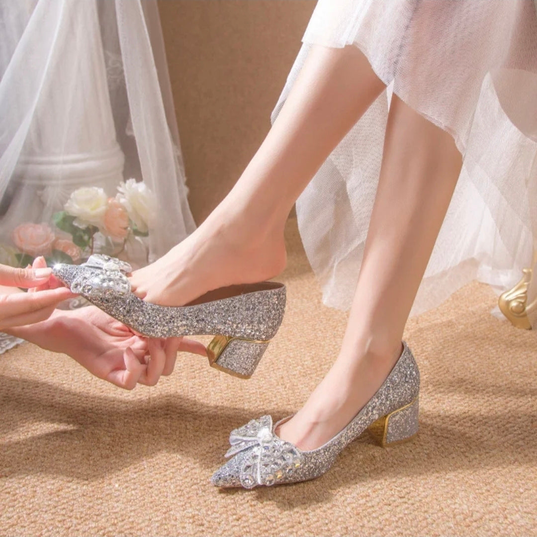 Glitter Block-Heel Bow Shoes – Wedding & Prom Comfort Glam