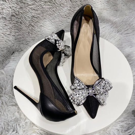 Noir Pearl Couture Bow Heels