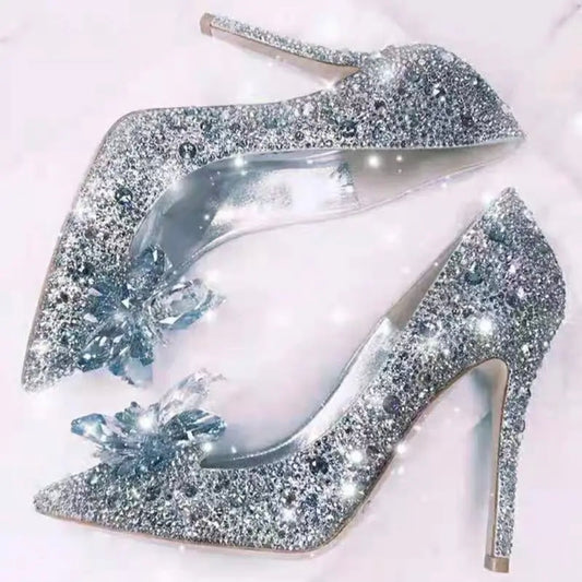 Crystal Couture Cinderella Heels – 3D Gemstone Flower Rhinestone